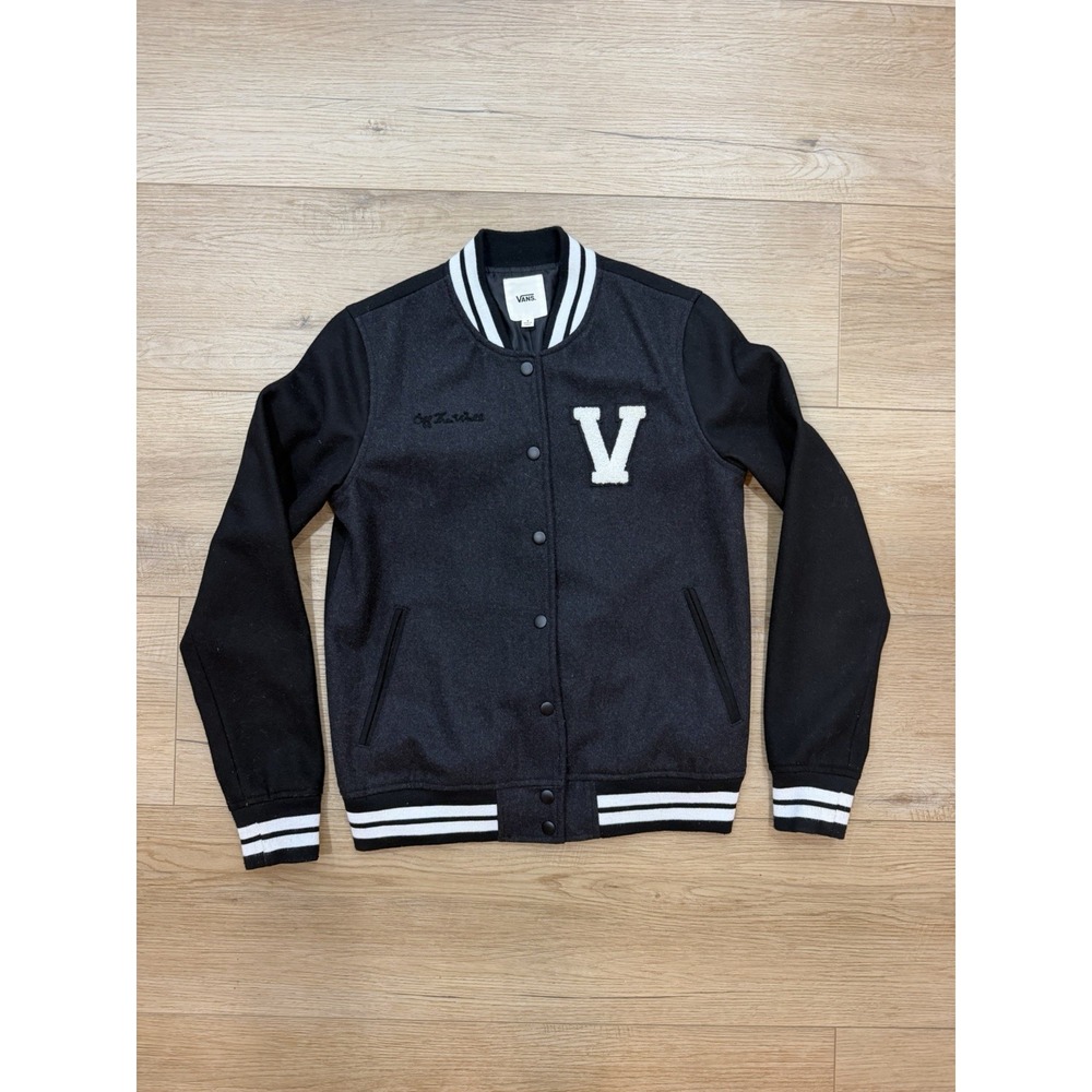 Vans Off The Wall Varsity Jacket Mens Small Black Wool Blend 2016 VN0A2XDW